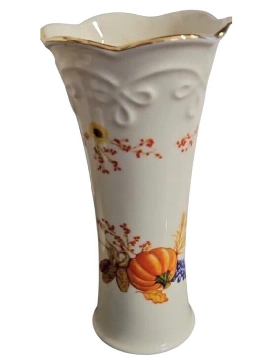 Lenox Other - Vintage Lenox Fall Harvest Design Bud Vase 5" Gold Trim Pumpkin Sunflower China